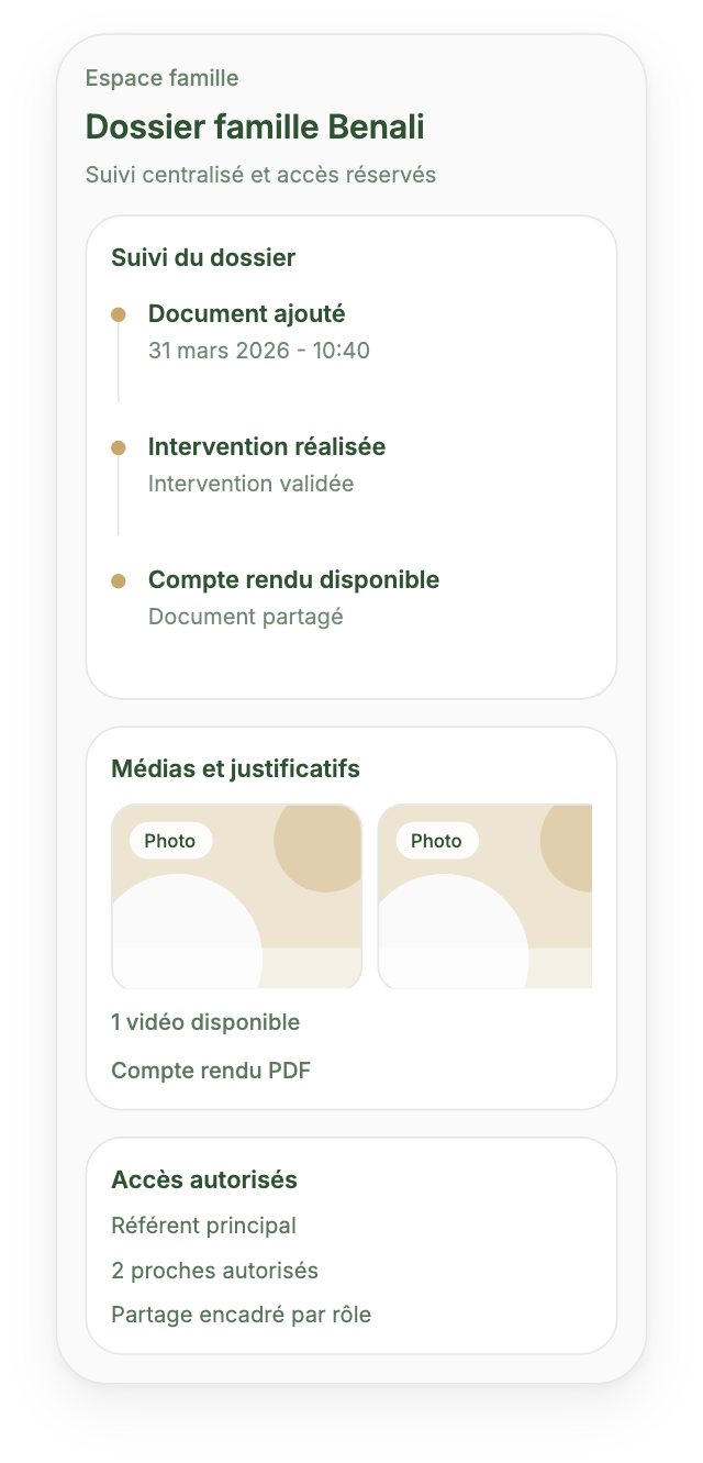 Aperçu mobile de l'espace famille avec suivi du dossier, médias et accès autorisés